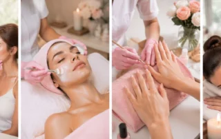 Professional beauty salon services in Uxbridge including skincare consultation, facial treatment, manicure, and relaxing massage