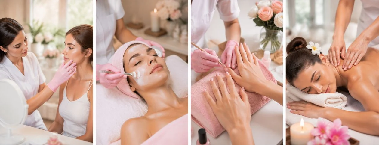 Professional beauty salon services in Uxbridge including skincare consultation, facial treatment, manicure, and relaxing massage