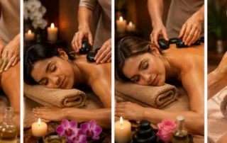 Women enjoying relaxing hot stone massage and spa foot therapy in Uxbridge beauty salon