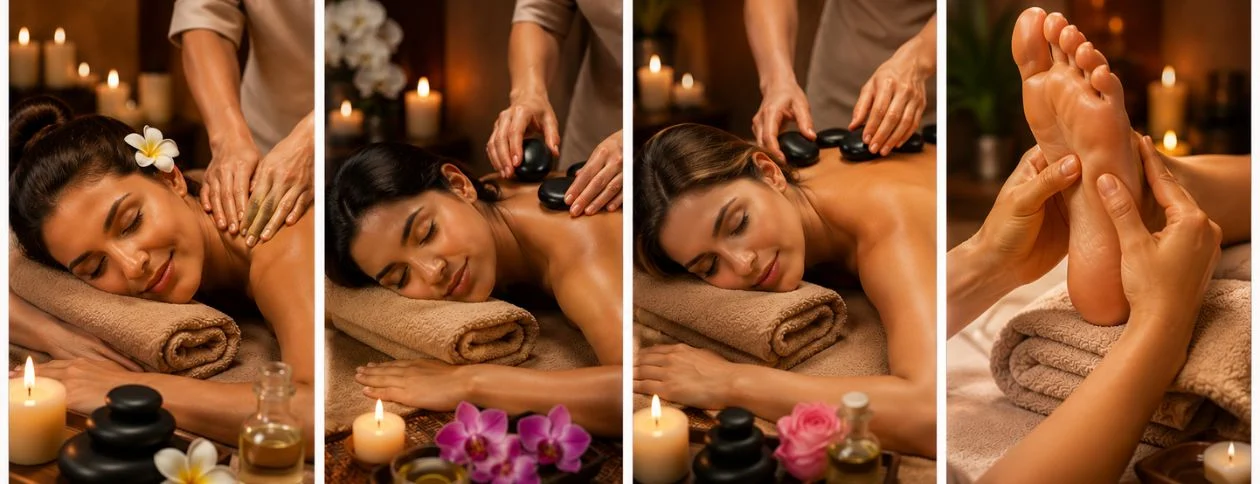Women enjoying relaxing hot stone massage and spa foot therapy in Uxbridge beauty salon