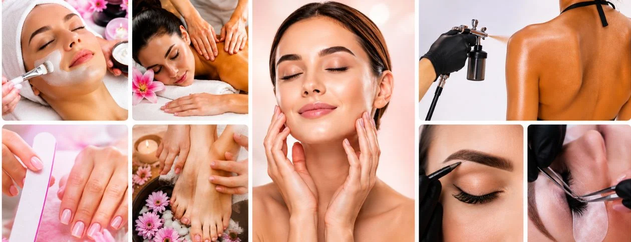 Beauty salon services for glowing skin including facial treatment, massage, manicure, pedicure, tanning, and eyebrow care in Uxbridge